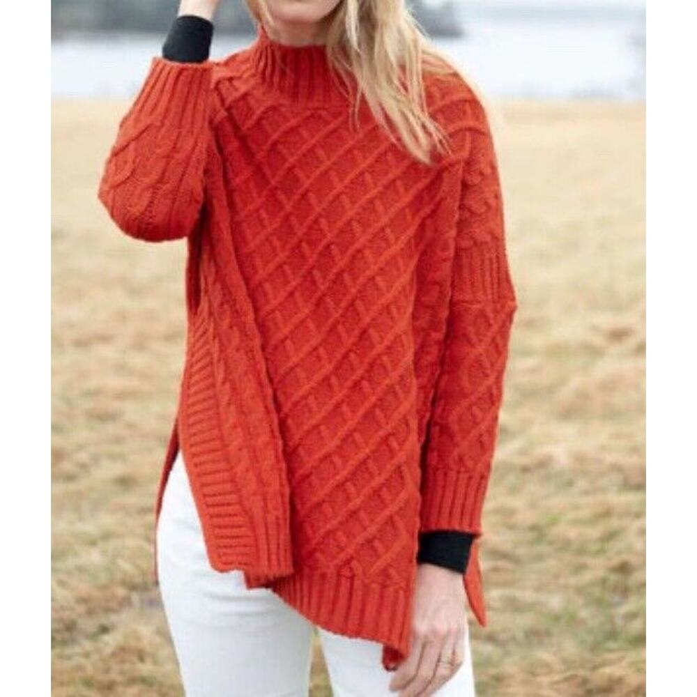 Mer Sea Lisbon Traveler Sweater Lattice Knit Mock Neck Paprika Orange One Size
